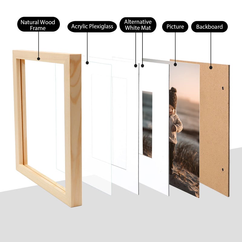 KINLINK 8x10 Picture Frames Natural Wood Frames with Acrylic Plexiglass for Pictures 4x6/5x7 with Mat or 8x10 without Mat, Tabletop and Wall Mounting Display, Set of 4 - Image 3